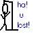 Black stick figure with raised arm stands beside a door frame; blue pixelated text reads 'ha! u bost!' on white background.