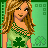Animated green-themed icon featuring a woman with long blonde hair in a one-shoulder dress, shamrocks on her chest and background, and text about St. Patrick's Day.