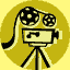 nine identical film projector icons on a yellow background, each showing a black-and-white camera with reels and a tripod