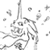 Pixelated grayscale icon of a stylized character with abstract geometric shapes and scattered dots on white background.