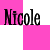 Pixelated text 'Nicole' appears in black on a pink and white striped background with visible compression artifacts.