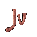 A sequence of copper-colored, stylized 'Jv' characters in various orientations against a gray background, showing progressive rotation and partial disassembly.