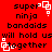Red background with black text reading "super ninja band aids will hold us together" and white square-shaped pixel art icons in four corners.