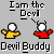 Pixel art devil character in yellow and red clothing with white face, horns, and eyes, performing dance moves and fire effects