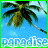 Pixelated palm tree with brown trunk and green fronds against blue sky, with white text reading 'paradise' at bottom.