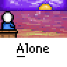 Pixel art icon showing a white stick figure in blue clothing sitting at a desk under a purple sky with yellow sun, above the word 'Alone' on gray background.