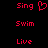 Red pixelated text 'Sing', 'Swim', and 'Live' on black background with one instance of 'Sing' having a heart symbol replacing the letter O.