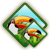 Diamond-shaped icon with green border containing two fish swimming in blue water over green grass, white clouds in sky.