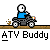 Pixel art animation of a stick figure riding an ATV across three rows of dirt mounds with text "ATV Buddy" below each frame.