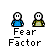 Pixel art of 'Fear Factor' buddy icons with two character types, showing text bubbles and pose changes across frames