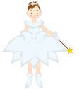 A cartoon girl in a white dress and crown holds a wand with a yellow star, emitting yellow particles