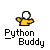 Pixelated yellow figure with white head and outstretched arms appears above and below a foot in various positions, with "Python Buddy" text beneath each figure.