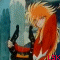 Animated sequence of a character with spiky orange hair in a red robe holding a black object, transitioning to a figure in a brown cloak holding a white-haired person.