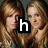 A pixelated image of a woman with long brown hair in two , each showing her hand near her neck and the letters h, a, y overlaid on different sections