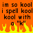 Pixelated orange background with black text repeating 'im so kool i spell kool kool with a "k"' and yellow-orange flames at the bottom.