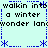 A static digital image with light blue background, dark text repeating 'walkin into a winter wonder land', and blue dotted border elements including asterisks.