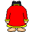 Pixel art character in red and yellow outfit with white shorts, shown from back in multiple poses including standing, bending, and turning.