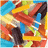 Pixelated abstract composition of overlapping curved shapes in blue, yellow, red, green, and brown tones with no discernible figures or text.