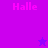 Pixelated text 'Halle' in pink on purple background with a small star symbol appearing and disappearing.