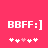 Pixelated white text 'BBFF:]' on bright pink background with five small heart symbols below, two variations showing different heart positions.
