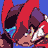 Pixelated icon with red and blue background, dark brown hair, light skin tone, and a small cyan object near the face.
