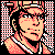 Pixelated 50x50 static icon of a character with black hair, peach skin tone, and red-and-white checkered background pattern.