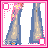 Pixel art of nine square with pink borders, showing a sequence of character details and text phrases in pink script