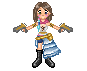 Pixel art character with brown hair, pink scarf, white top, blue striped skirt, black boots, and dual gray guns against gray background.