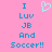 Pixelated blue text on pink background reads "I Luv JB And Soccer!!" with a light blue heart symbol above the text.