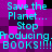 Pixelated cyan text on a purple and black checkered background repeats 'Save the Planet... Stop Producing BOOKS!!!' in two identical vertical
