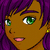 Pixelated anime-style character with purple hair and green eyes, shown in three views with subtle expression changes.