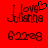 Red background displays 'I love Juliana' text with heart symbol above 'love' and '6/22/08' date below, in pixelated dark red font.