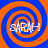 Four identical spiral patterns with alternating blue and orange rings, each containing the text "SARAH" in white pixelated letters.