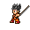 Pixel art character in orange pants and red shoes holding a staff with blue energy effects, shown across multiple poses on gray background.