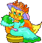 Pixelated cartoon cat avatar in turquoise dress with green fur trim, orange cape, and purple hat adorned with red flowers, seated on a brown circular base.