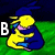 Animated icon of a yellow-haired character in blue clothing hugging themselves on green grass, with visible text changing from 'B' to 'F'.