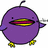 Purple bird-like character with yellow feet and beak, pink heart symbol, and purple text reading 'TWEET' on black background.