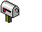 Pixelated mailbox icon with red flag, green post, and white body, showing sequential animation of flag and mail slot states.