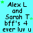 Pixelated text on cyan background with green stars, repeating 'Alex L and Sarah T bff's 4 ever luv u' in four