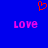 Blue background with red pixelated heart symbol above two pink 'LOVE' text blocks in lowercase.
