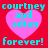 Red background with four identical pink heart shapes, each containing cyan text reading "courtney and adian" above the word "forever!" in larger cyan letters.