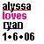 Pixelated text reads 'alyssa loves ryan 1.6.06' with distinct color blocks and underlines on a light background.
