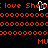 Pixelated orange text on black background with white cursor overlay, showing repeated 'love Shelby' and 'MU' text elements.