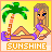 Pixel art contact sheet showing two frames of an animated buddy icon with a woman in purple bikini on beach background, palm tree, and "SUNSHINE" text.
