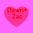 Four pink heart-shaped icons with red text 'Dawn+Zac' on a pink background, arranged in a