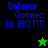 Pixelated text reads "Selena Gomez is HOT!!!" with a green star and black star icon on different backgrounds.