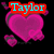 Four pink heart-shaped icons with cyan text and red outlines on black background, each displaying different text or symbols.