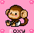 Pixel art monkey with brown fur and pink cheeks, wearing white clothing, on a pink background with small flower patterns.