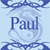A static pixelated image with a light blue background featuring a central circular design and the name "Paul" in dark blue text.