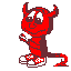 Red devil character with brown accents, white eyes, and a smiling expression holding a pitchfork in two poses against gray background.